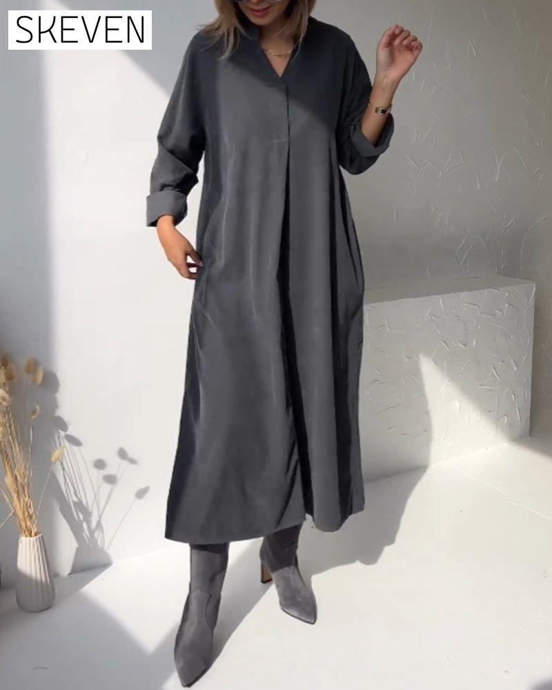 V-neck solid color pocket dress