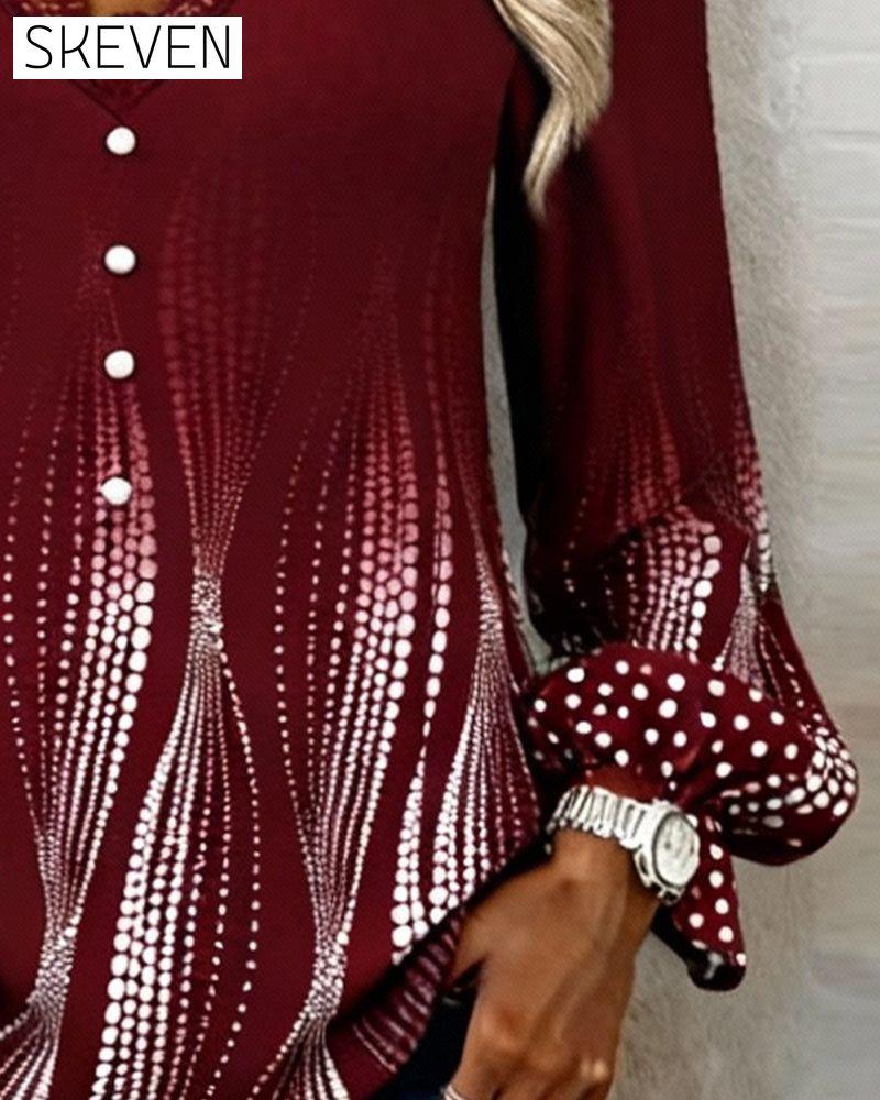 Puff Sleeve V-Neck Print Blouse