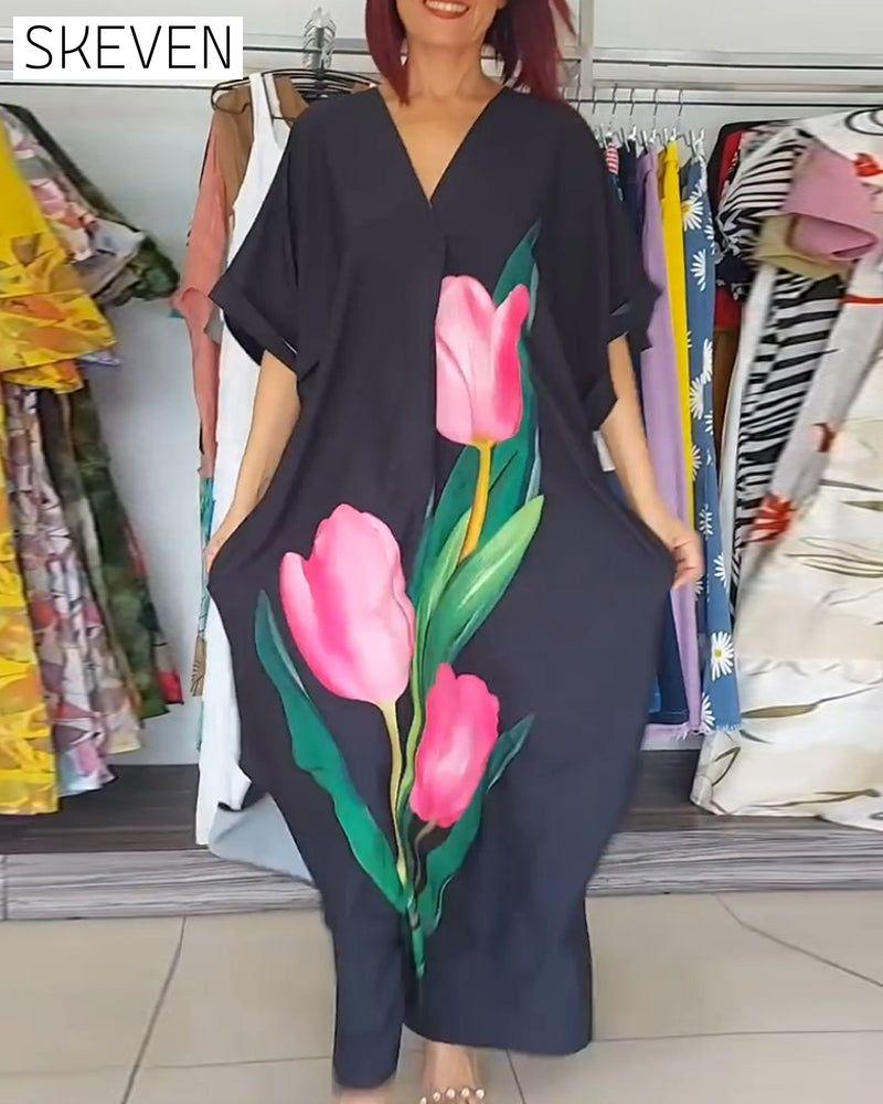 Langes Kleid mit Blumenmuster, V-Ausschnitt und Schlitz