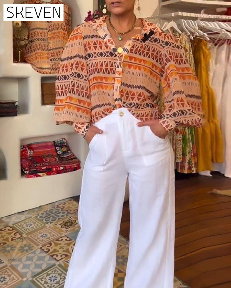 Lapel retro printed shirt