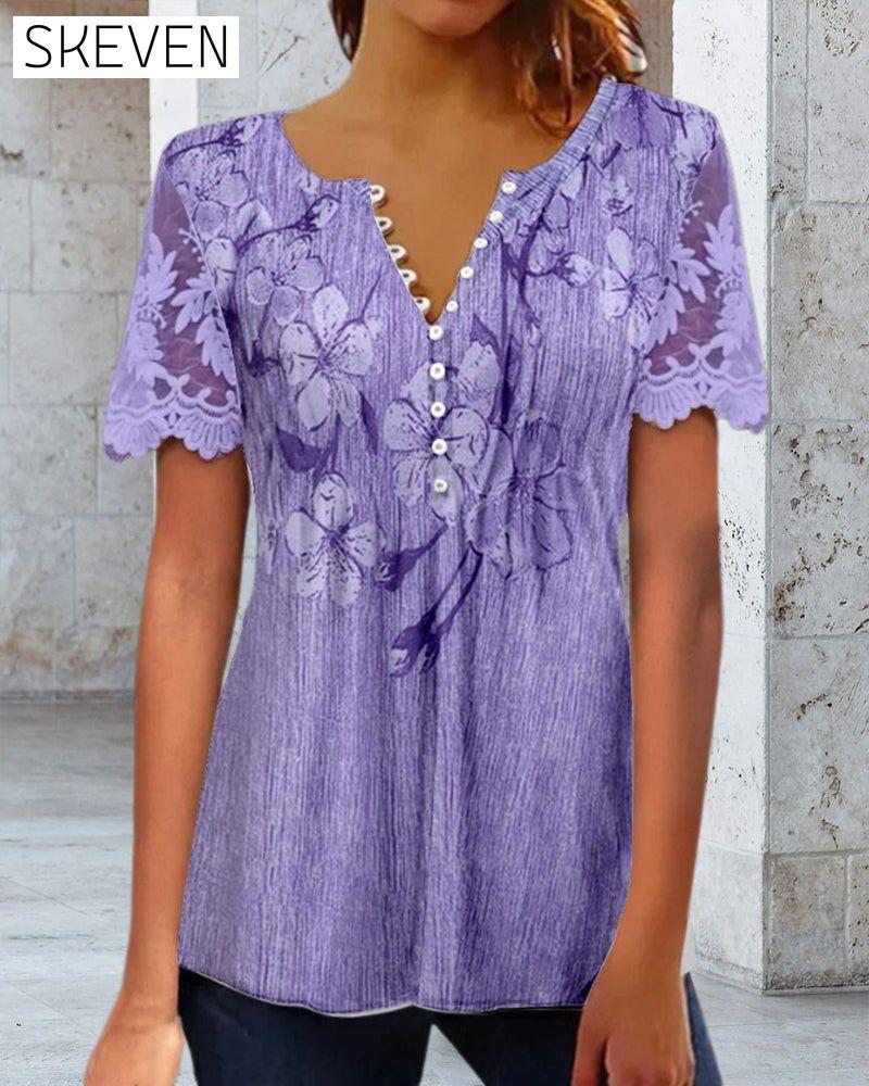 Bluse mit Spitzeneinsatz, Rundhalsausschnitt und Print