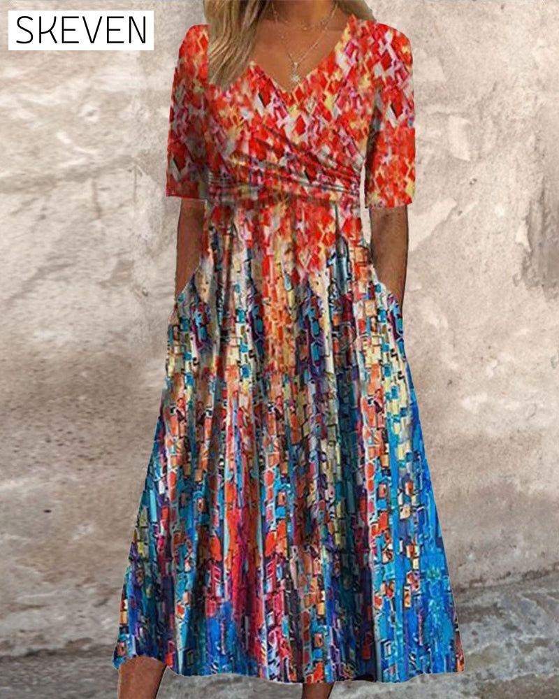 V-neck pocket printed resort dress