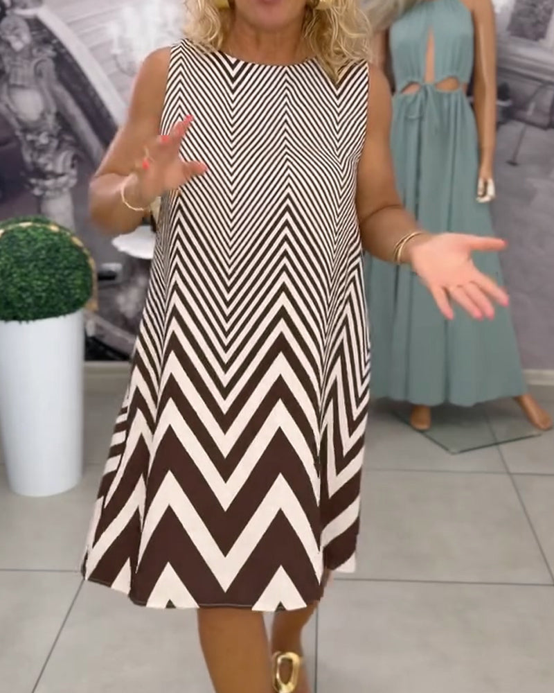 Crew Neck Geometric Print Sleeveless Dress