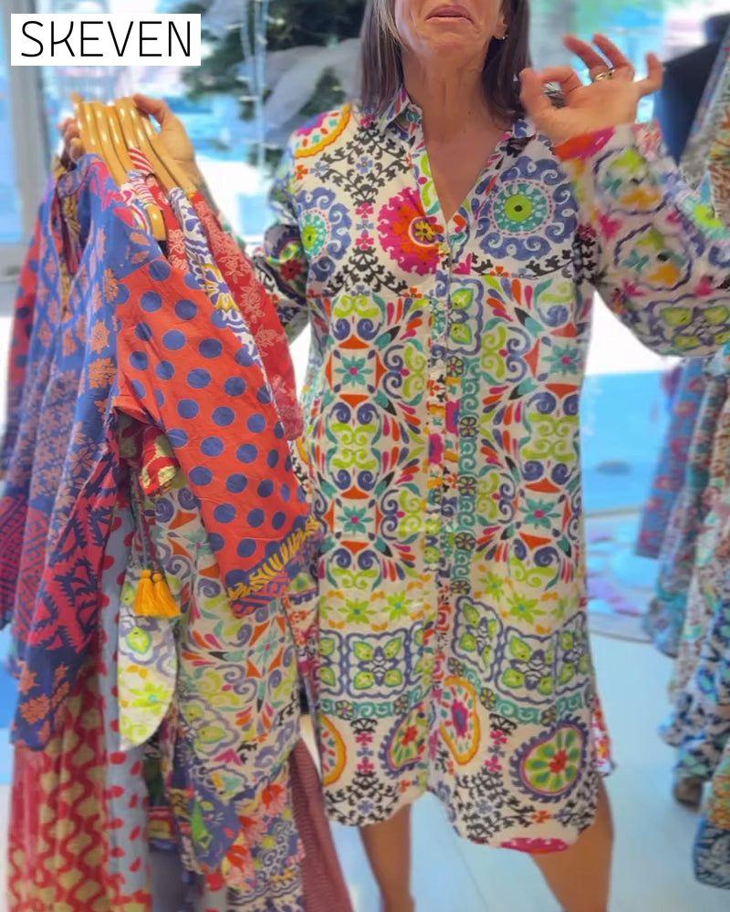 Langärmeliges Kleid mit Bohème-Print
