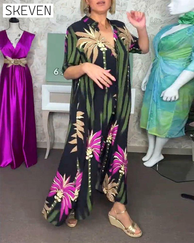 robe décontractée à imprimé feuilles, fente, manches courtes et ample