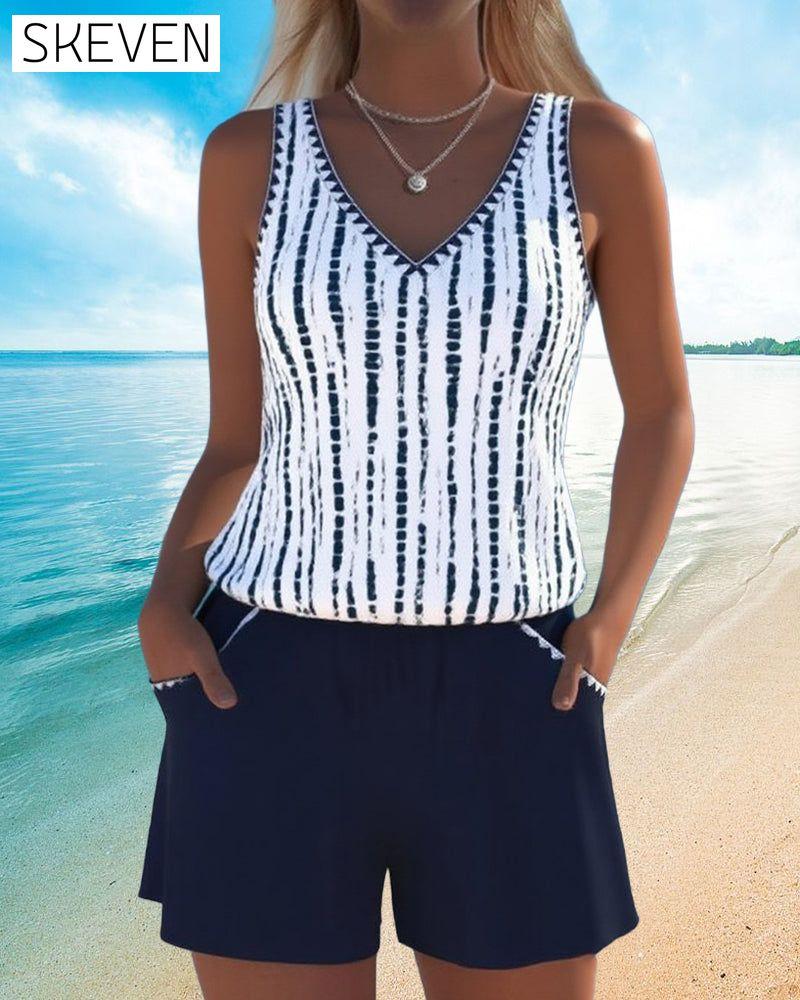 Casual Pocket V-Neck Printed Two-Piece Swimsuit