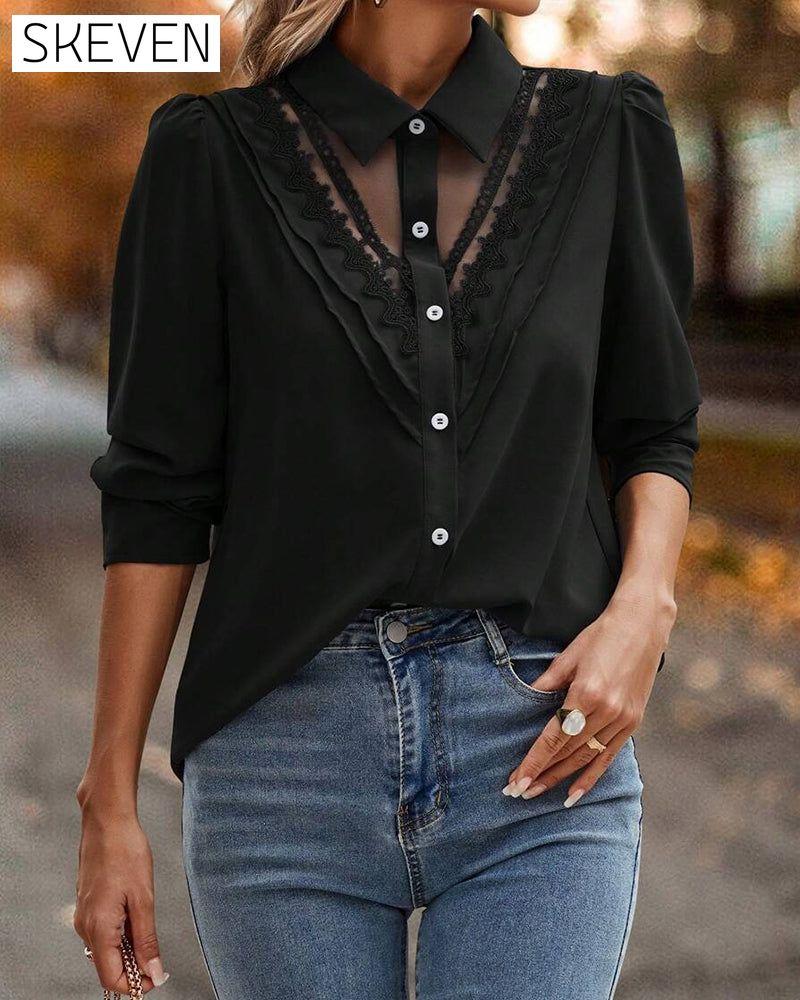 Puff Sleeve Lace Patchwork Blouse