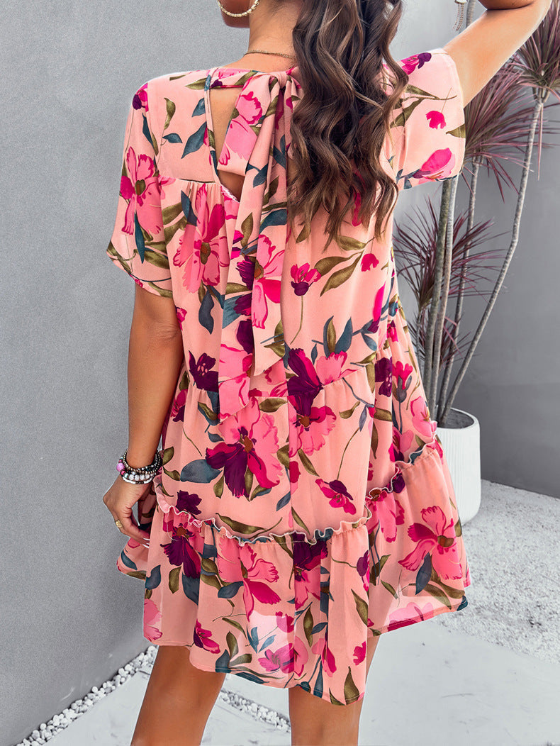 Floral Printed Tiered Tie-Back Mini Dress