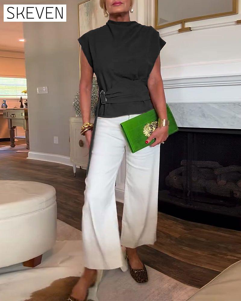 Temperament Waist Solid Color Blouse