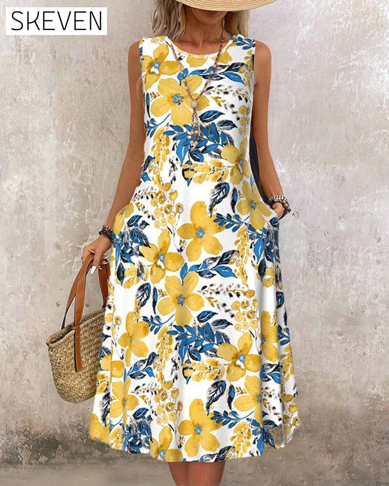Floral print sleeveless pocket dress