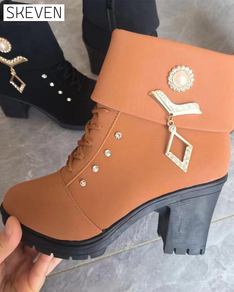 Women's Chunky Heeled Ankle Boots with Rhinestone Decor