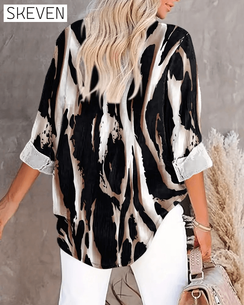 Stand Collar Irregular Printed Blouse
