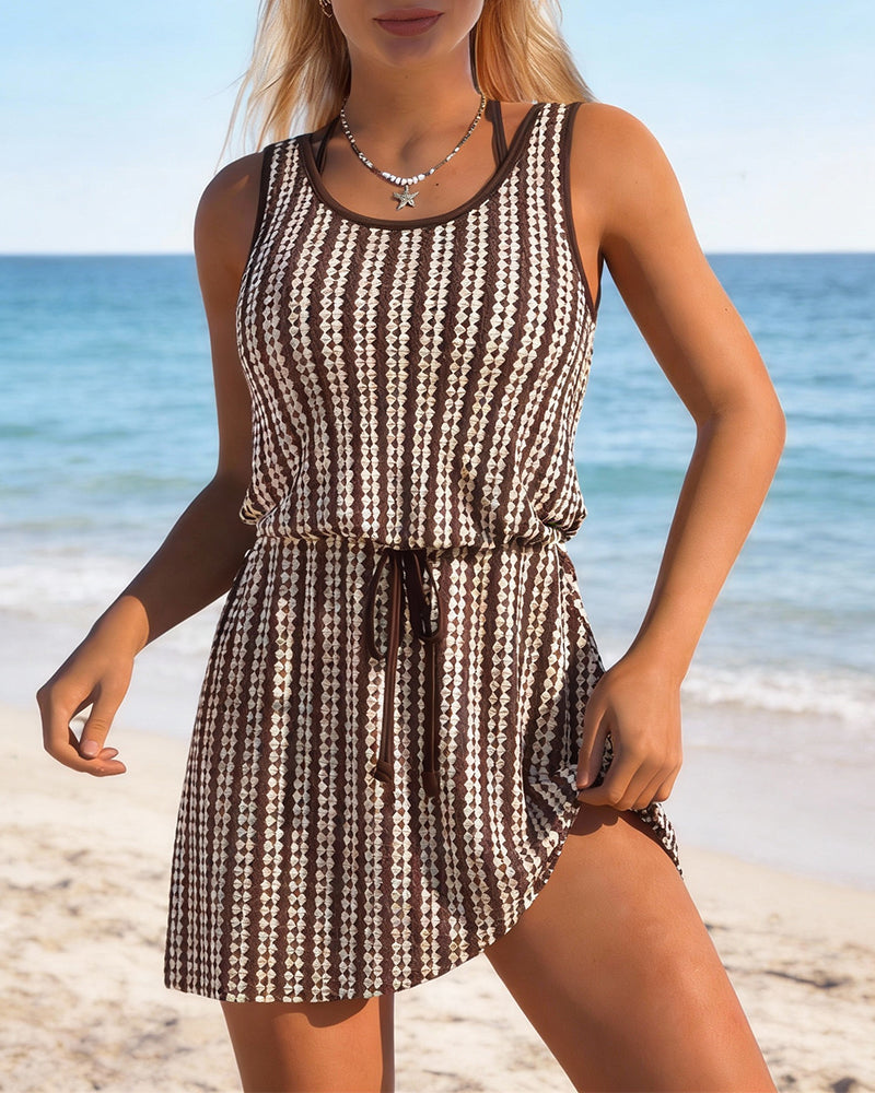 Printed Sleeveless Flared Swim Dress