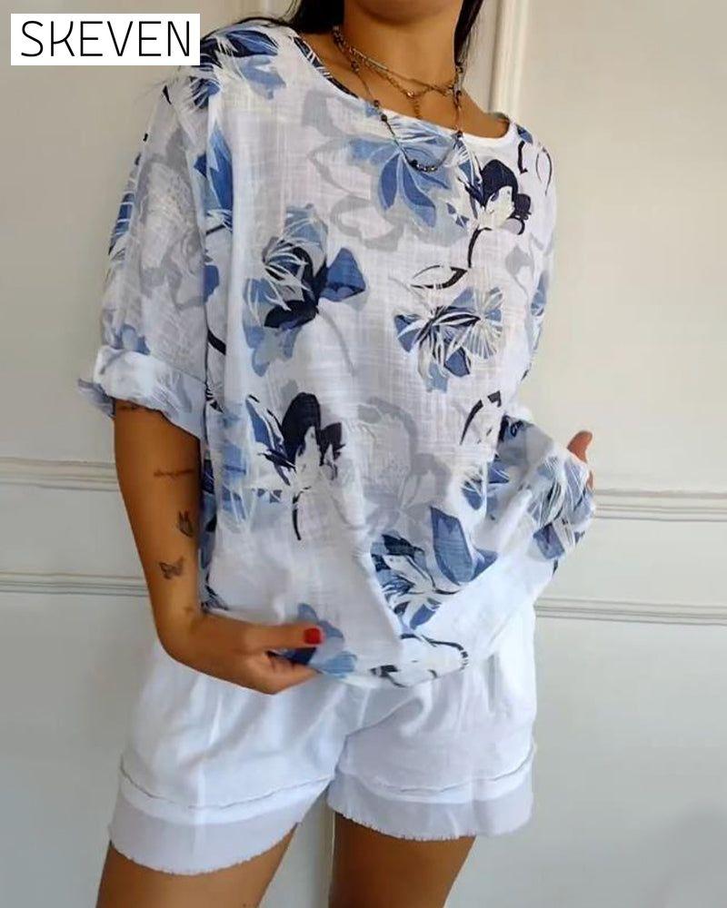Round Neck Long Sleeve Printed Blouse