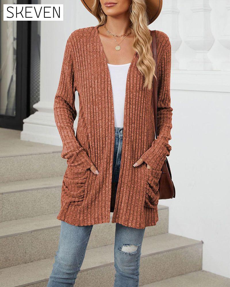 Casual solid color pocket long sleeve cardigan