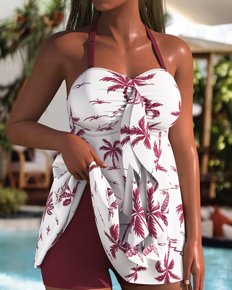 Palm Tree Print Swim Skirt Tankini