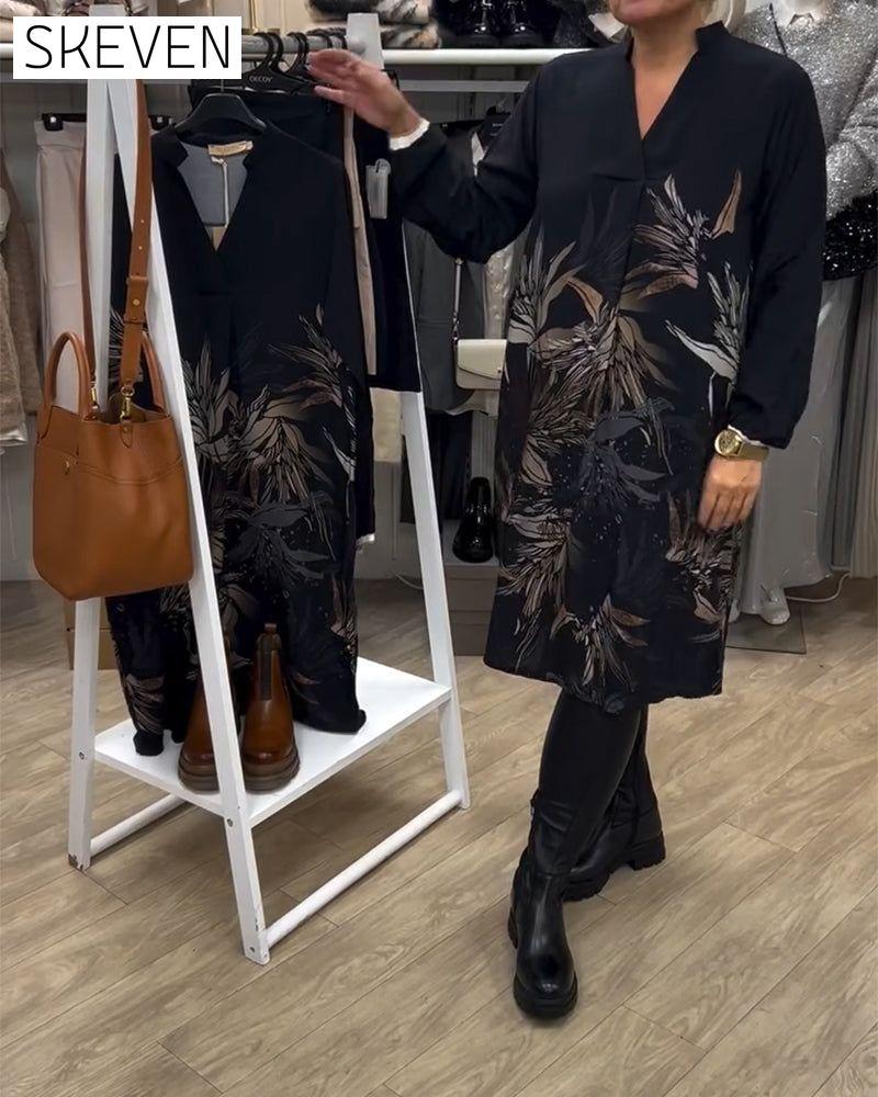 V-Neck Leaf Print Long-Sleeved Dress