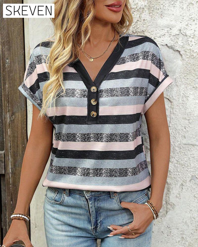 V-Neck Three-Button Striped T-Shirt