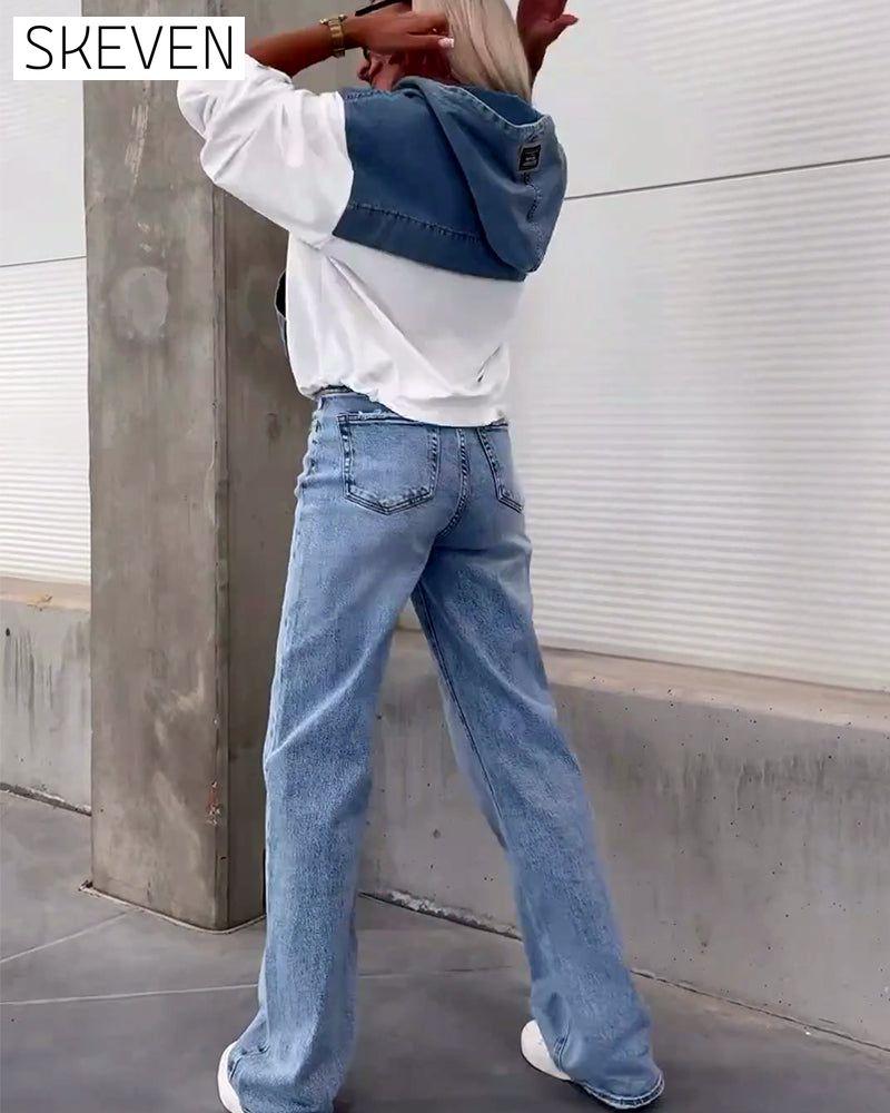 Casual denim patchwork zipper hoodie