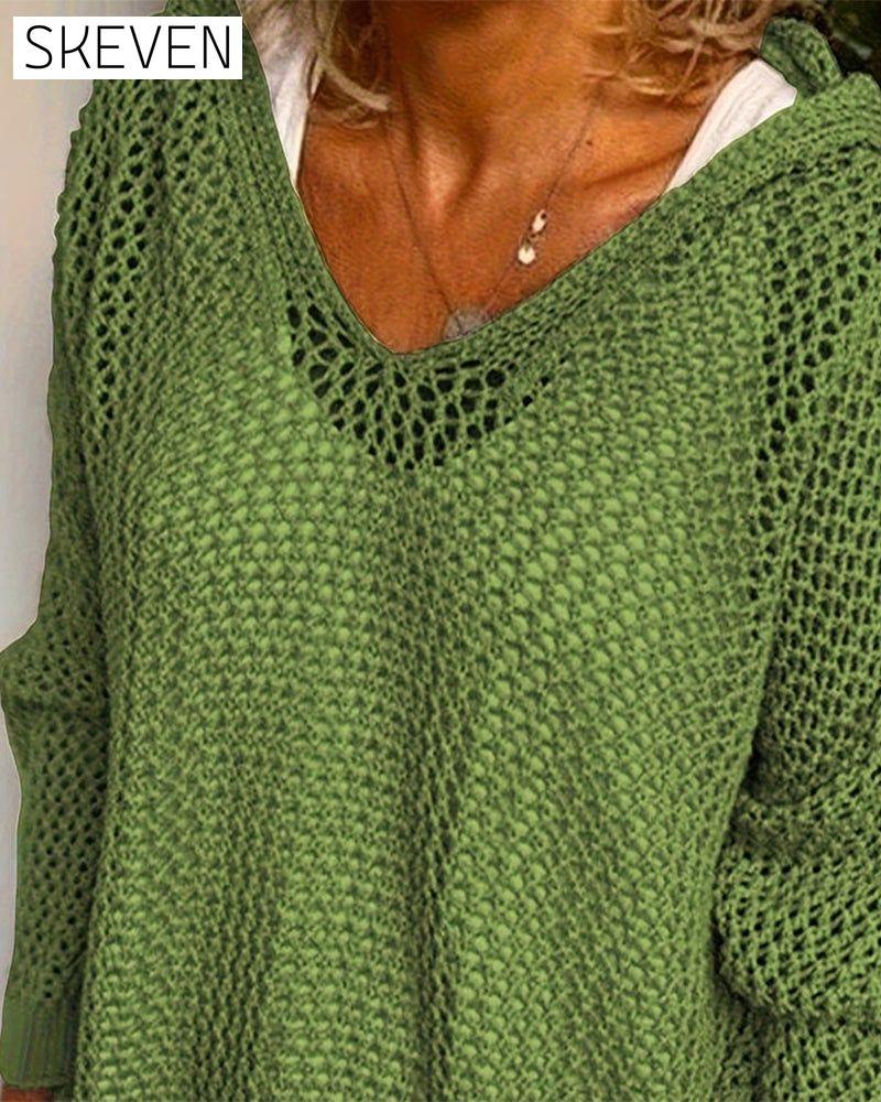 Damen Häkel-Kapuzenoberteile mit langen Ärmeln und Lochmuster