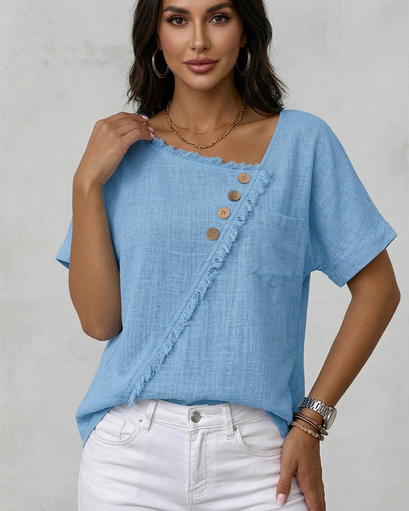 Raw Edge Bias Button Short-Sleeved Blouse