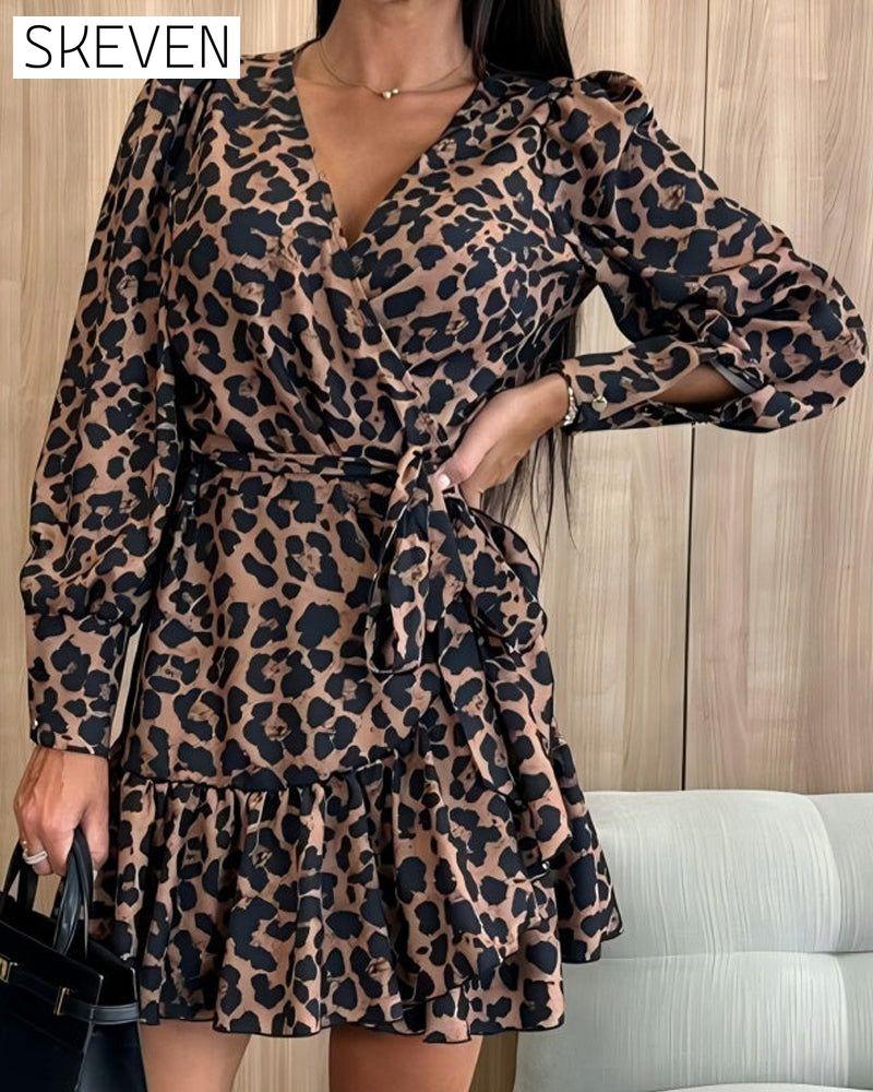 💖Black-Friday-Mega-Angebot💖Wickelkleid mit Leopardenmuster, V-Ausschnitt und Taillengürtel