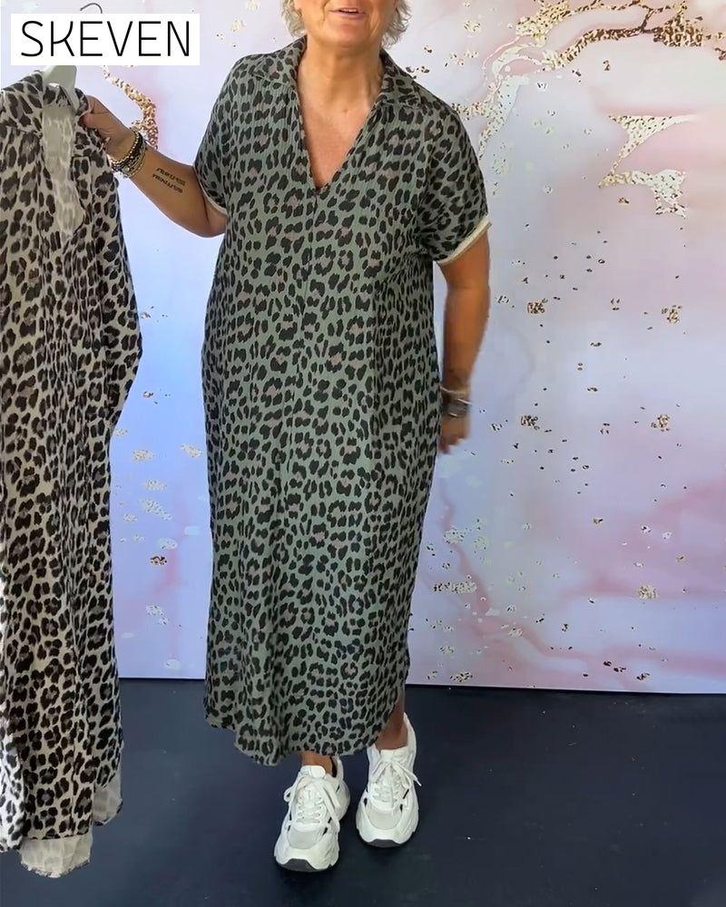 Leopardenmusterkleid mit V-Ausschnitt und kurzen Ärmeln 