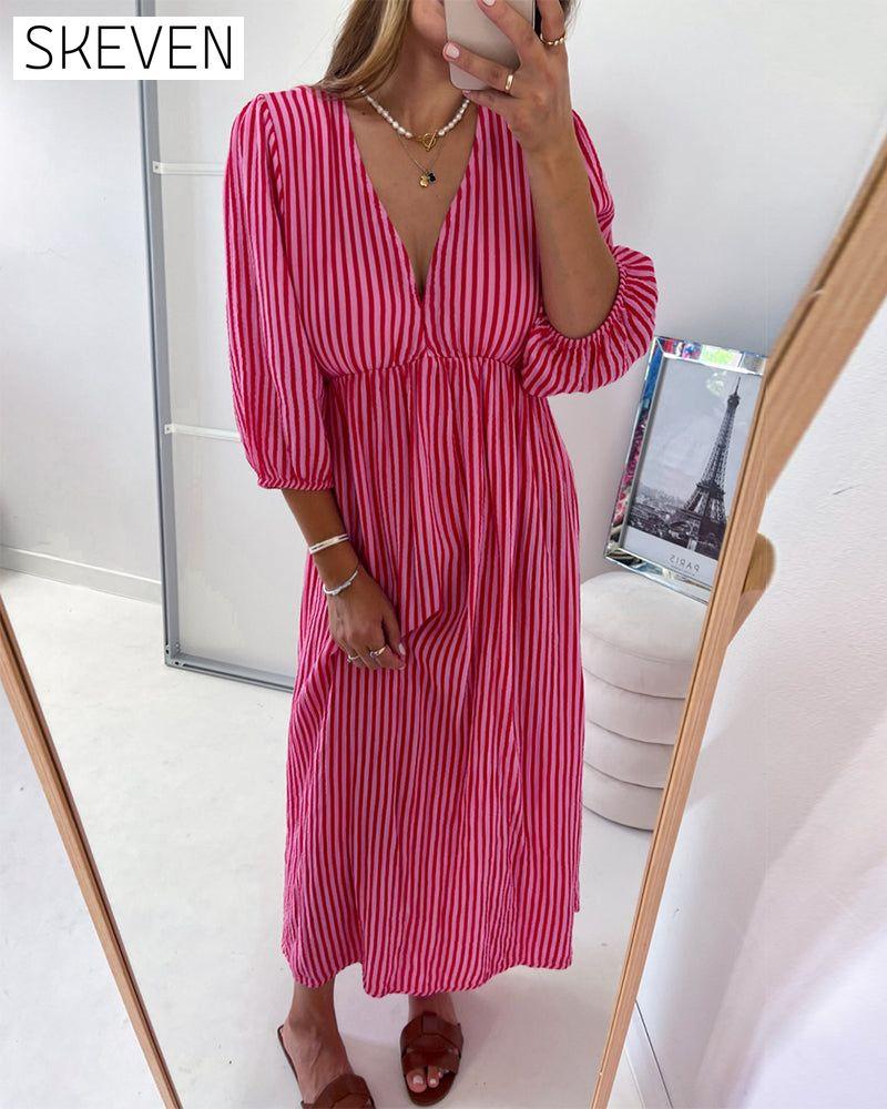 V-neck Lantern Sleeve Striped Dress