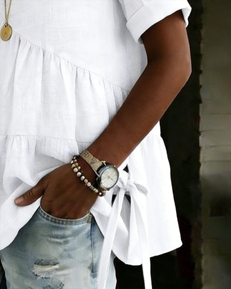 Loose-Fit Solid-Color Pleated Blouse