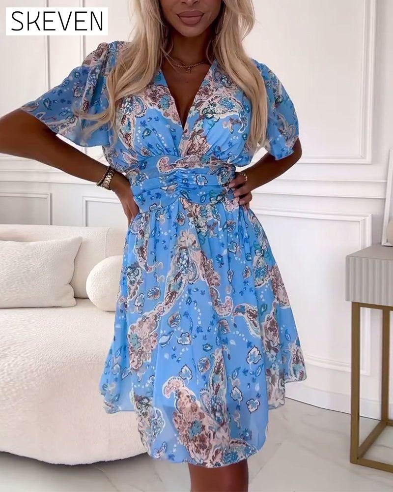 Vintage printed V-neck elegant dress