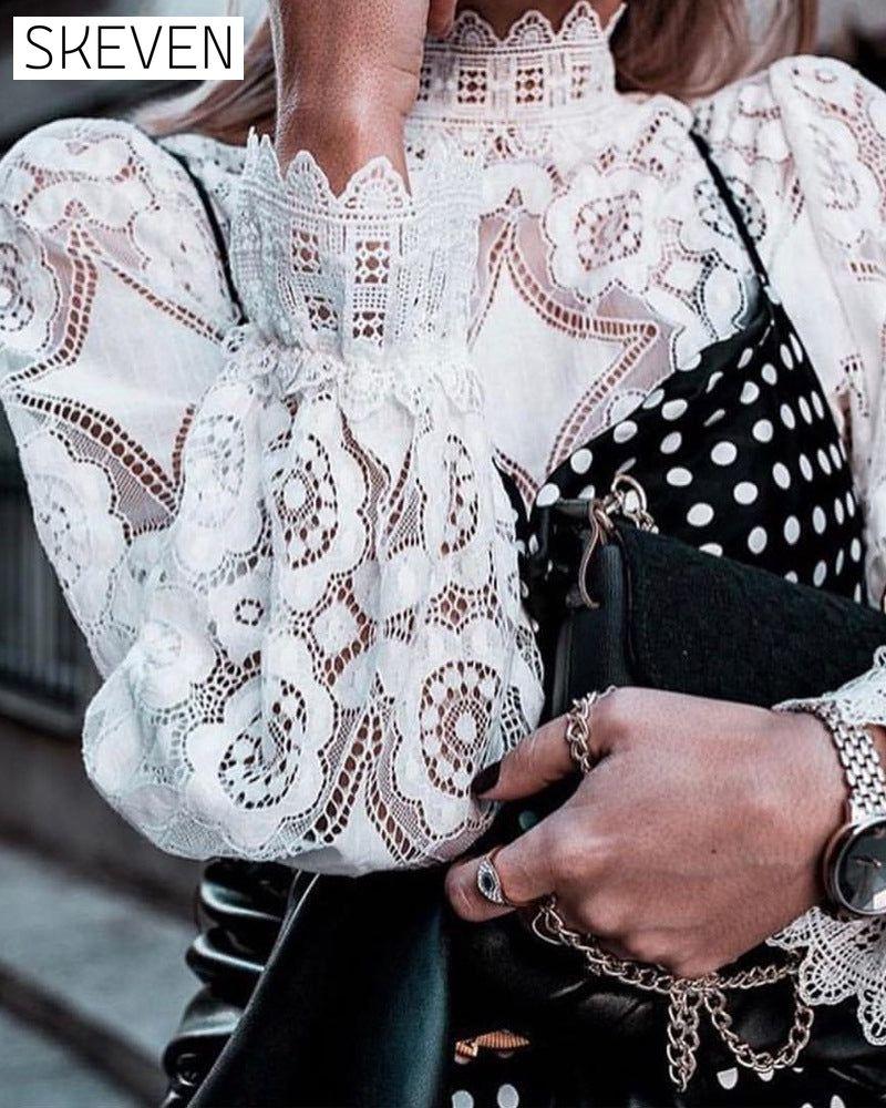 Sexy See-Through Long-Sleeved Stand-Collar Lace Blouse