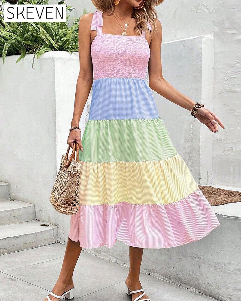 Contrast color patchwork suspender dress