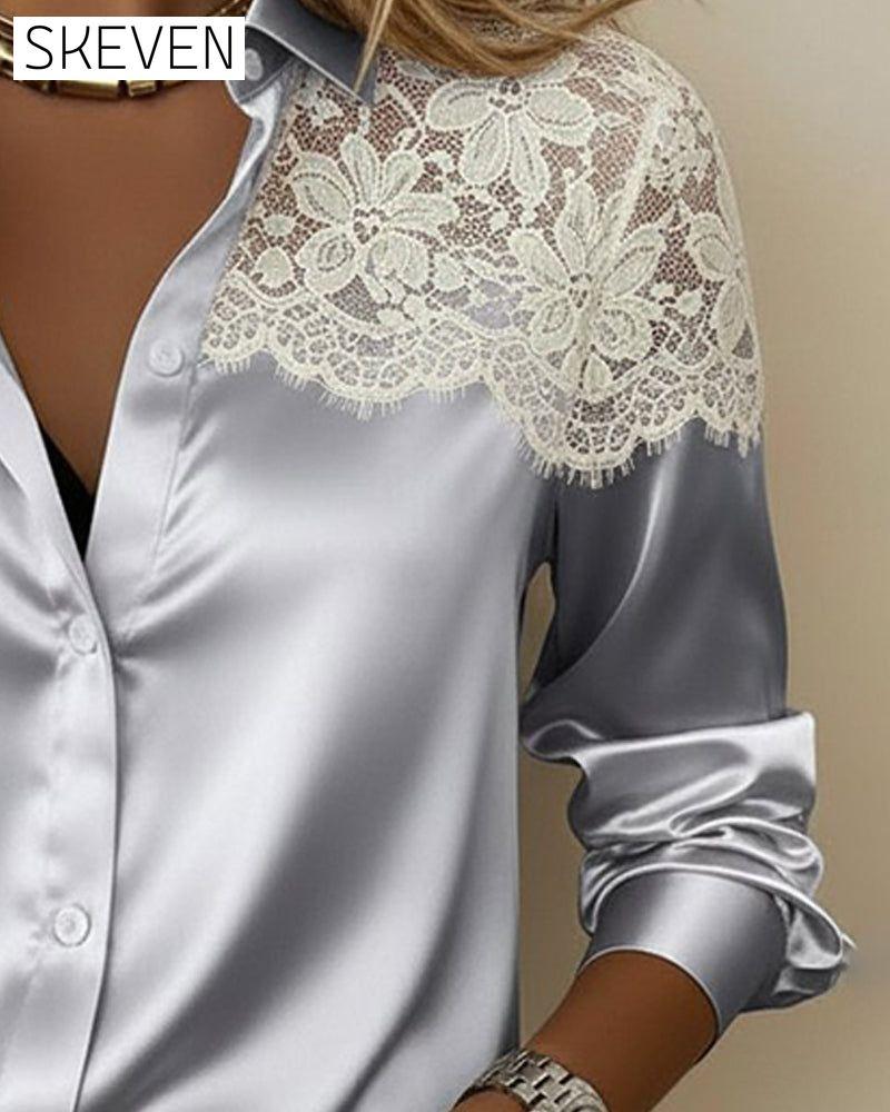 Lace Panels Versatile Lapel Shirt