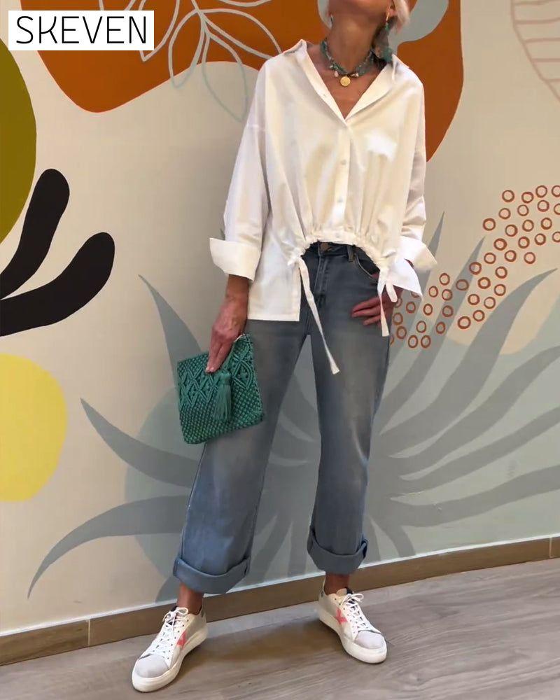 Commuting solid color lapel top Blouses & Shirts Cotton and Linen Spring