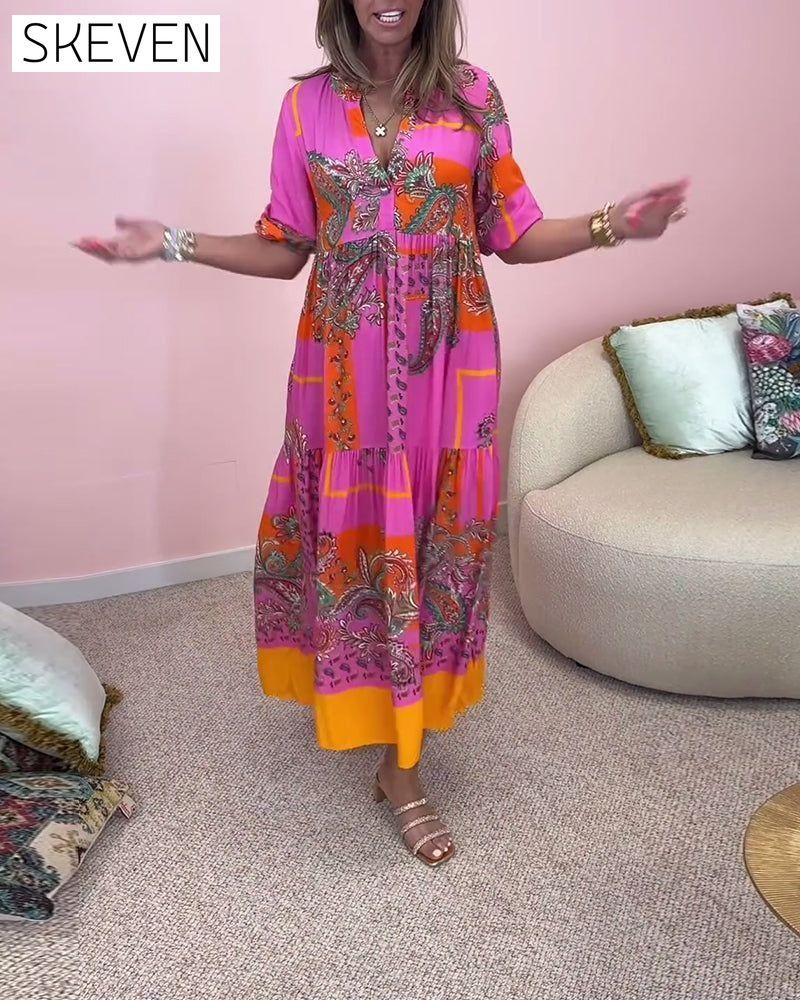 Deep V printed elegant loose long dress casual dresses spring summer