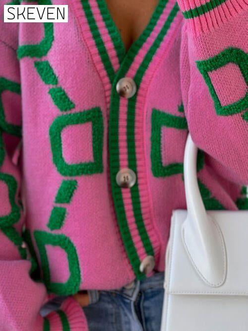 Geometric Dropped Shoulder Button Down Sweater Cardigan cardigan cardigans clothes S.X Ship From Overseas sweater sweaters