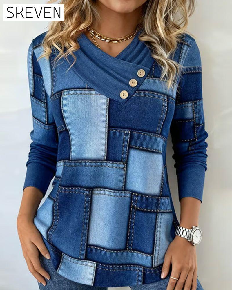 Langarmshirt mit V-Ausschnitt und kontrastierender Farbe