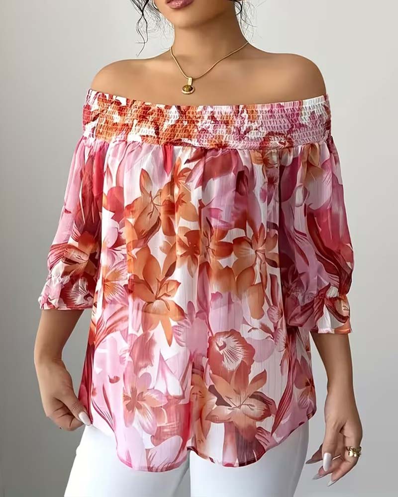 Off-Shoulder Print Bubble Sleeve Blouse