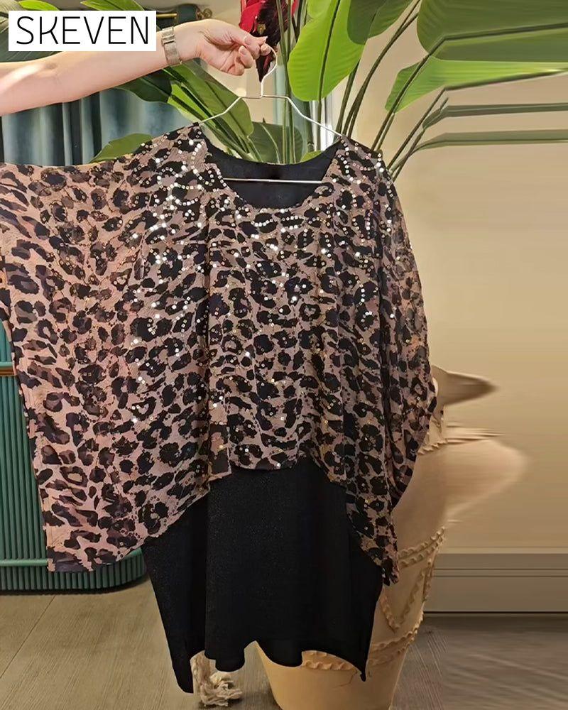 Leopard Print Sequined Batwing Sleeve T-Shirt