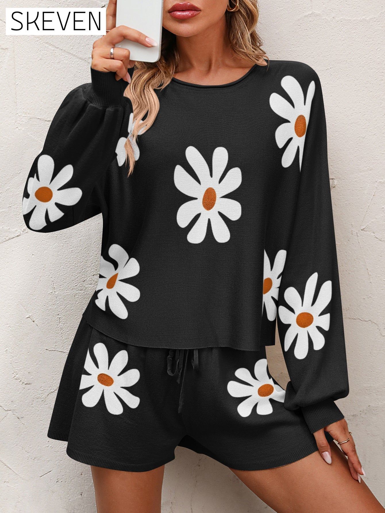 Floral Print Raglan Sleeve Knit Top and Tie Front Sweater Shorts Set Black clothes lounge lounge wear loungewear Mandy sets Ship From Overseas trend