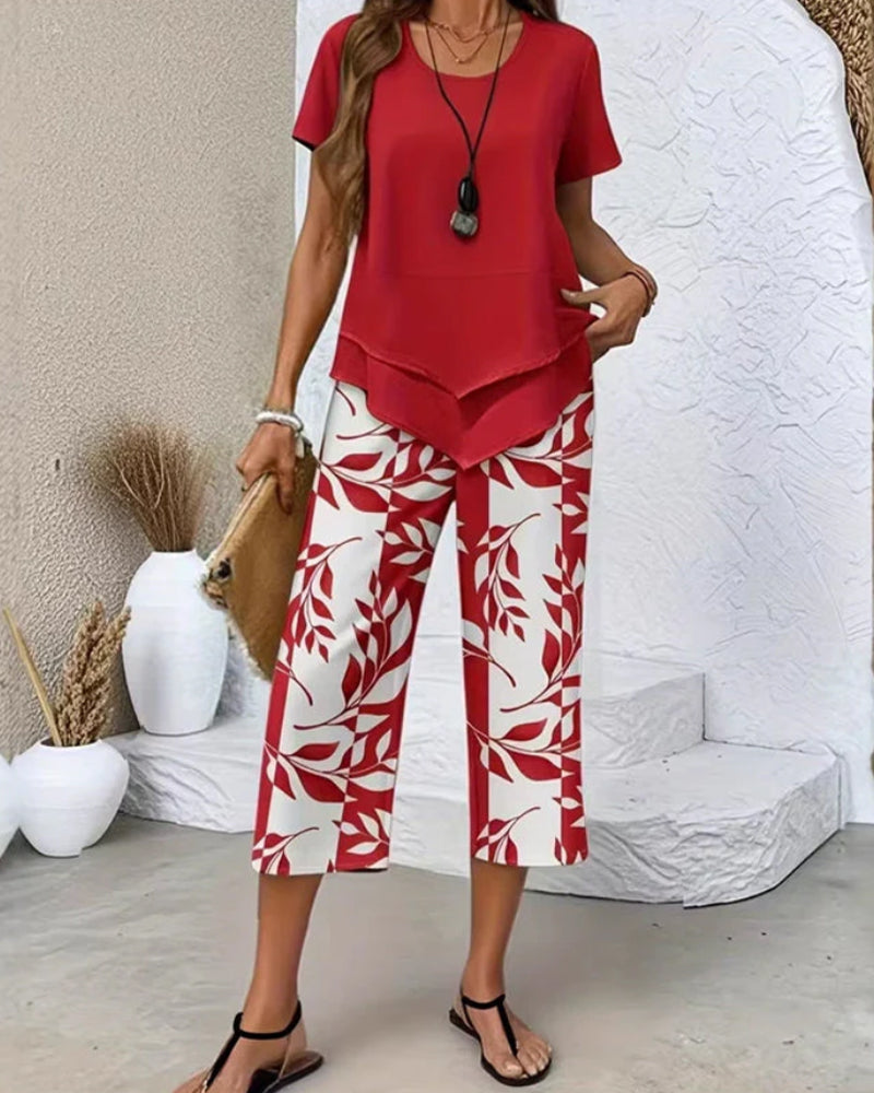Printed Cropped Pants Casual Two-Piece Set