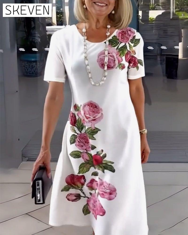 Short Sleeve Rose Print Shift Dress