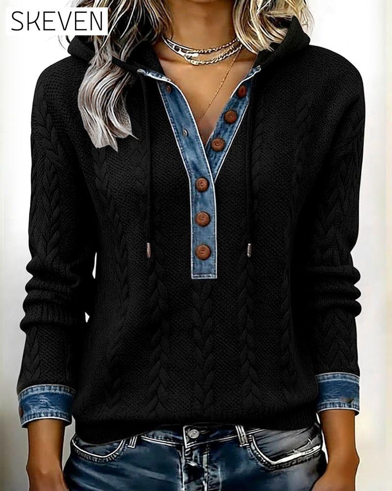 Color-Blocked Button Long-Sleeved Hooded