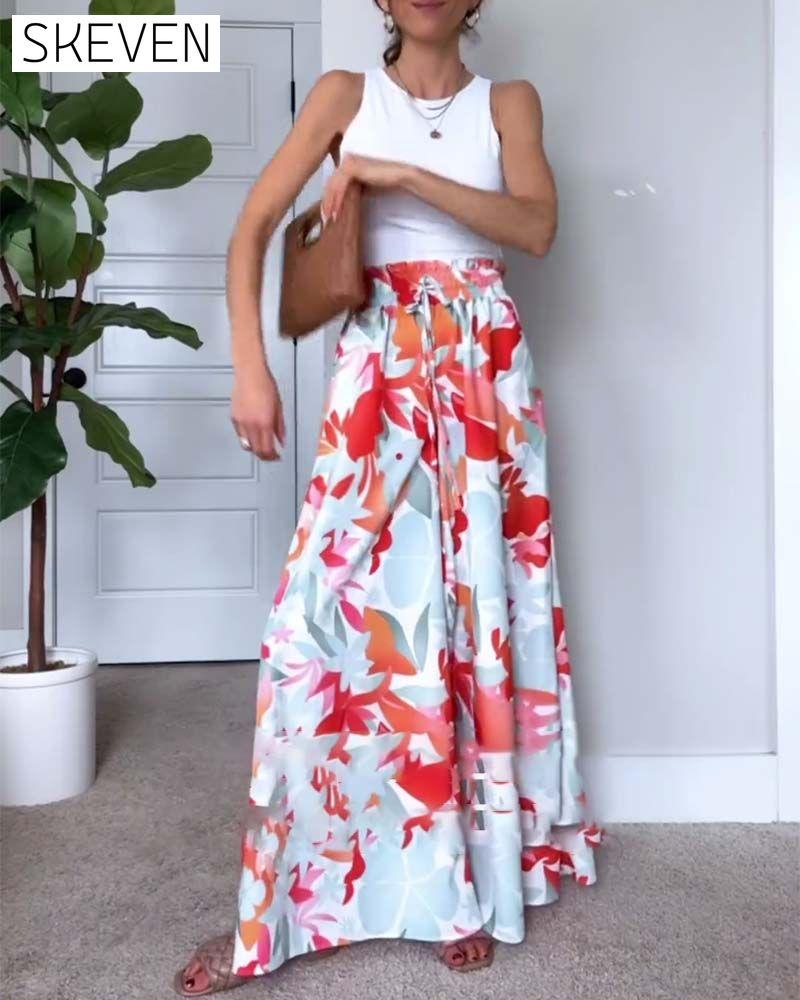 Leaf print drawstring long wide-leg pants pants spring summer