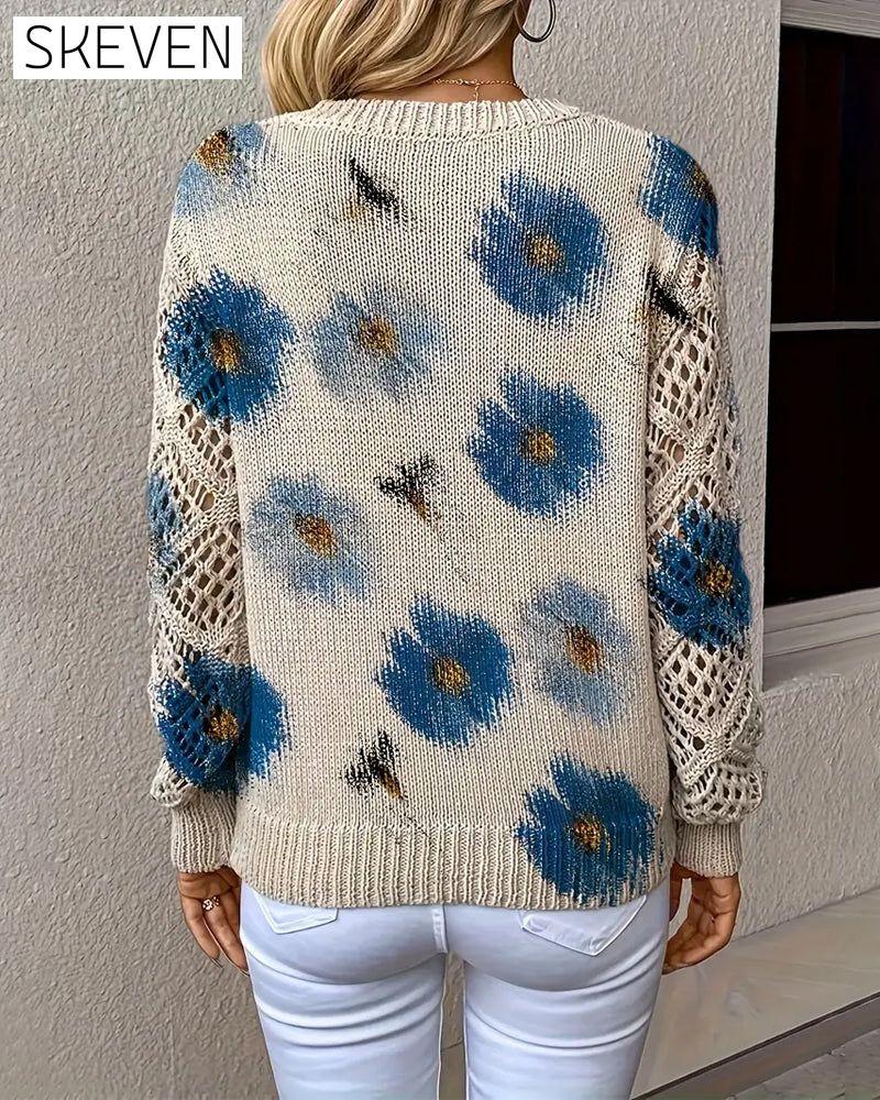 Long-Sleeved V-Neck Jacquard Pullover