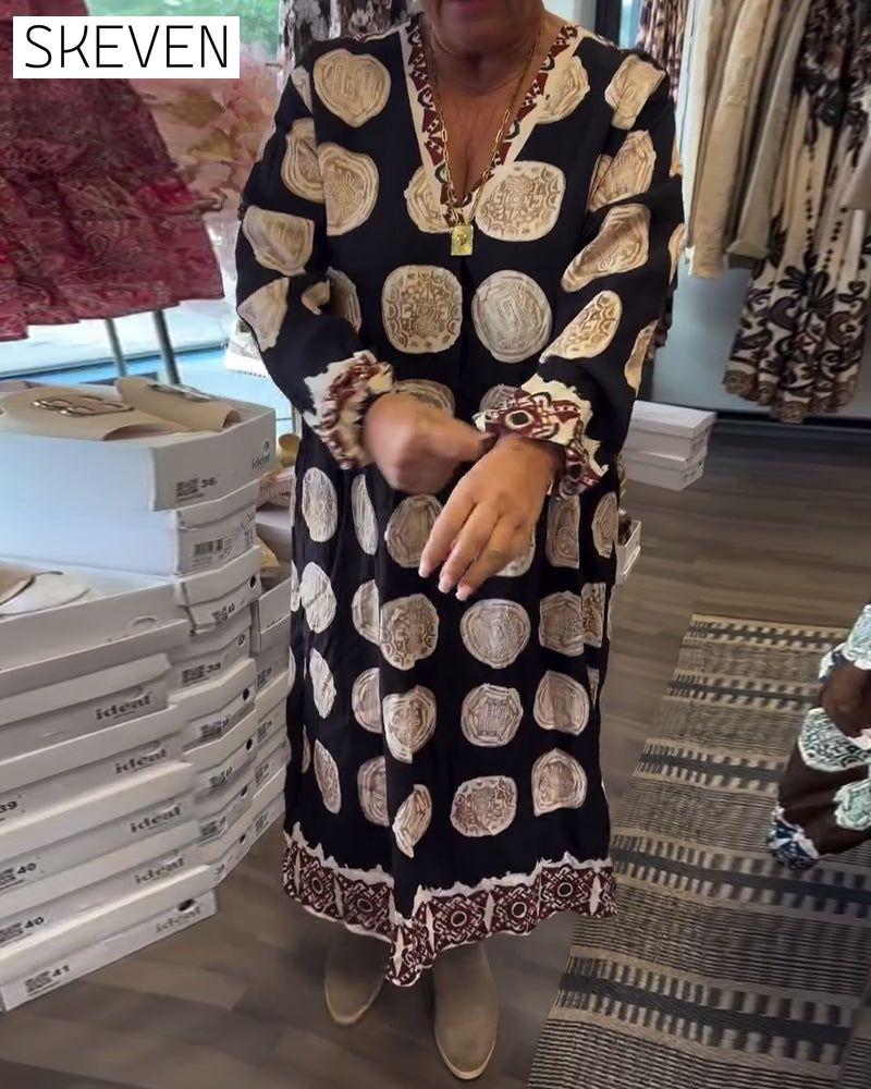 Long-Sleeved V-Neck Printed Dress