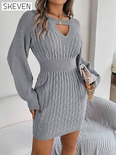 Cable-Knit Cutout Round Neck Slit Long Sleeve Sweater Dress B.J.S clothes dress dresses long sleeve dress long sleeve dresses Ship From Overseas short dresses