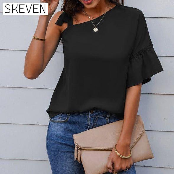 Women's fashion diagonal collar Ruffle Sleeve Chiffon Top clothes off the shoulder shirt shirt shirts short sleeve short sleeve shirt short sleeve top tops Tops/Blouses