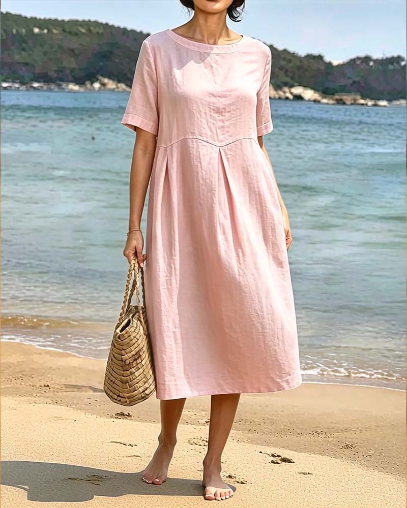 Round Neck Short Sleeve Solid Relaxed Dress