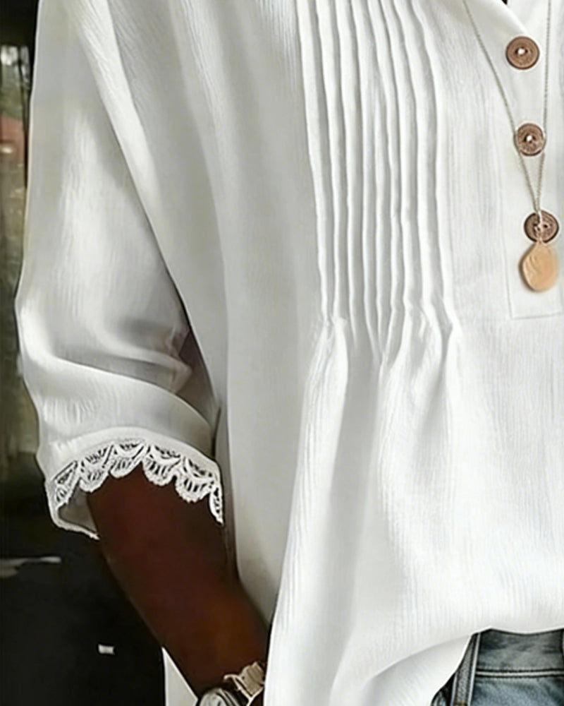 Pleated Button Lace Half Sleeve Blouse